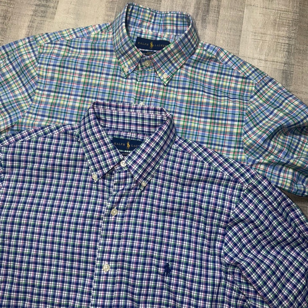 Polo Ralph Lauren Shirt Men Small Plaid Slim Fit Cotton Stretch Button Lot Of 2